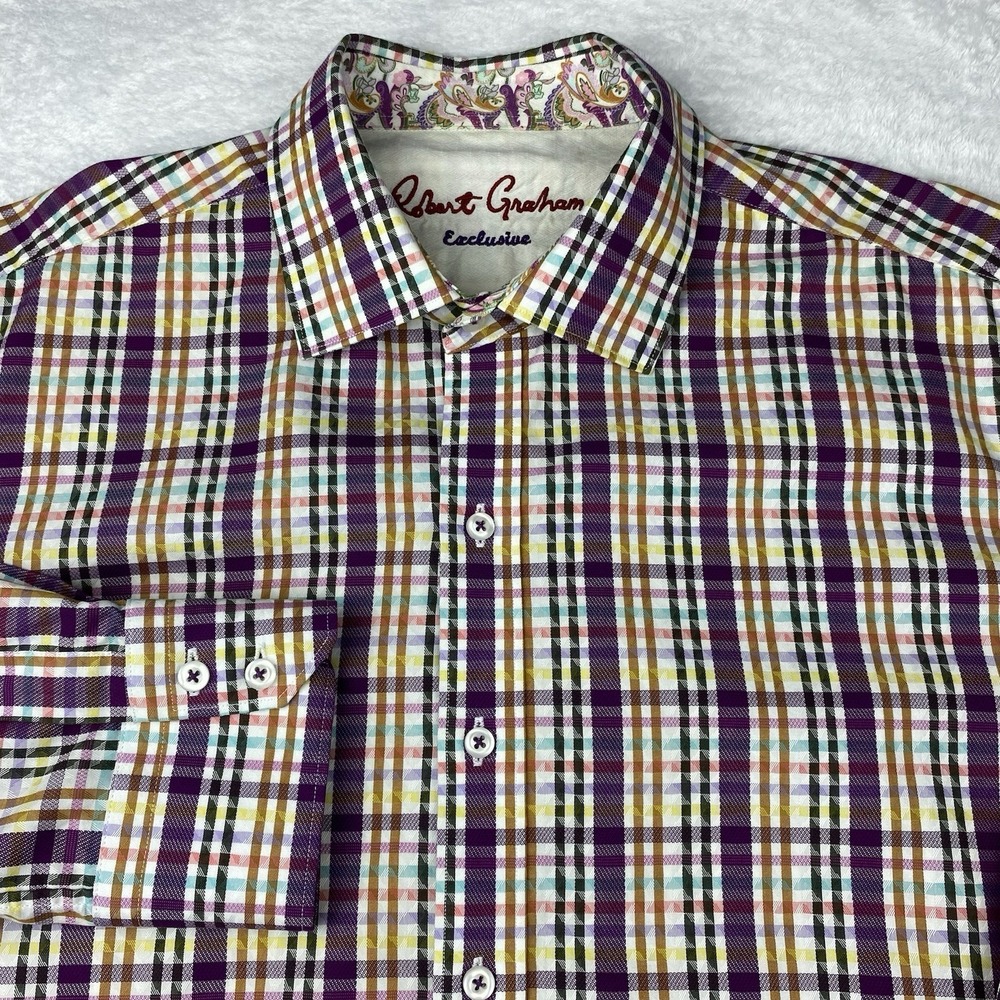 Robert Graham Exclusive Shirt Men's Large Purple Plaid Classic‎ Fit Paisley Trim